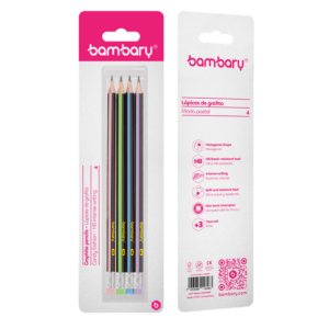 ART SUPPLIES BAMBARY HEX GRAPHITE PENCILS 7" X2.20 MM HB PASTEL COLOR BLI 4UNT