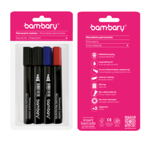 ART SUPPLIES BAMBARY MARKER PERMANENT 4 PER PK (2BLK 1RD 1BL)