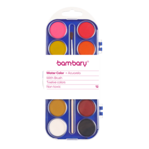 ART SUPPLIES BAMBARY WATER COLOR 12 COLOR SET 28MM W/PAINT BRUSH PLASTIC CASE 12UNT