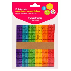 ART SUPPLIES BAMBARY NOTCHED WOOD STICK 114x10x2mm A/S BAGx50 UNIT MULTICOLOR..